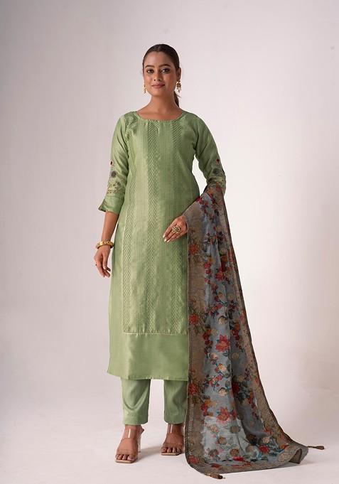 Pista Green Embroidered Tussar Silk Kurta Set