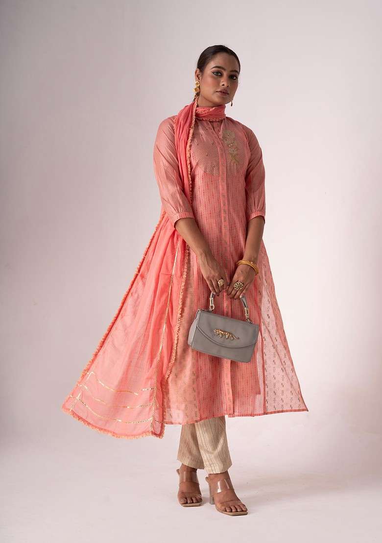 Pink Embroidered Art Silk Kurta Set - Indya