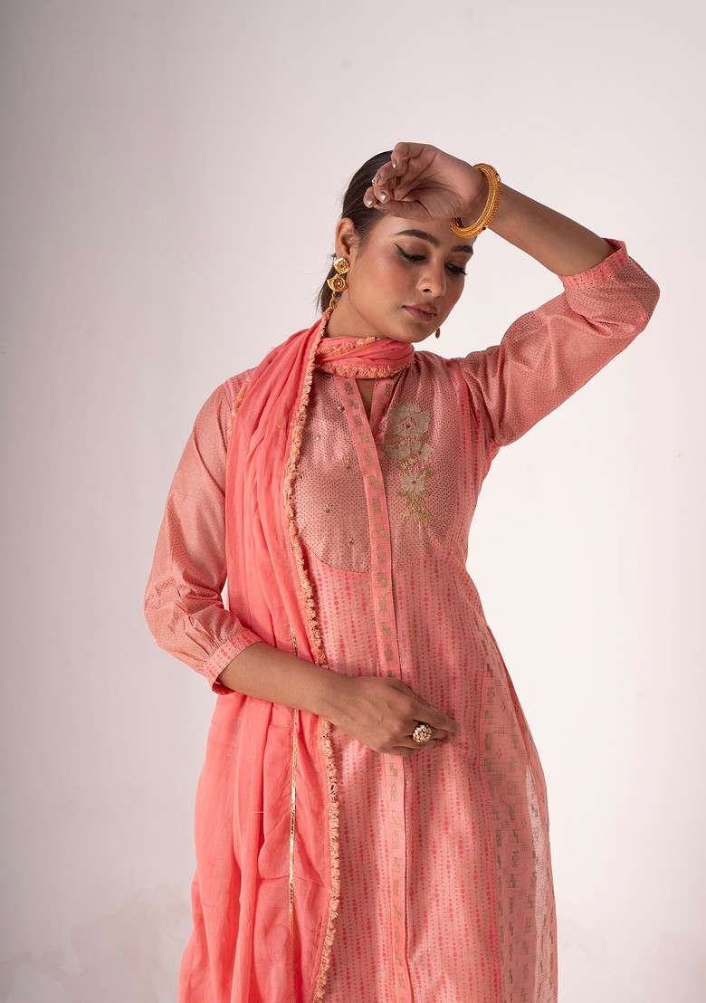 Pink Embroidered Art Silk Kurta Set - Indya