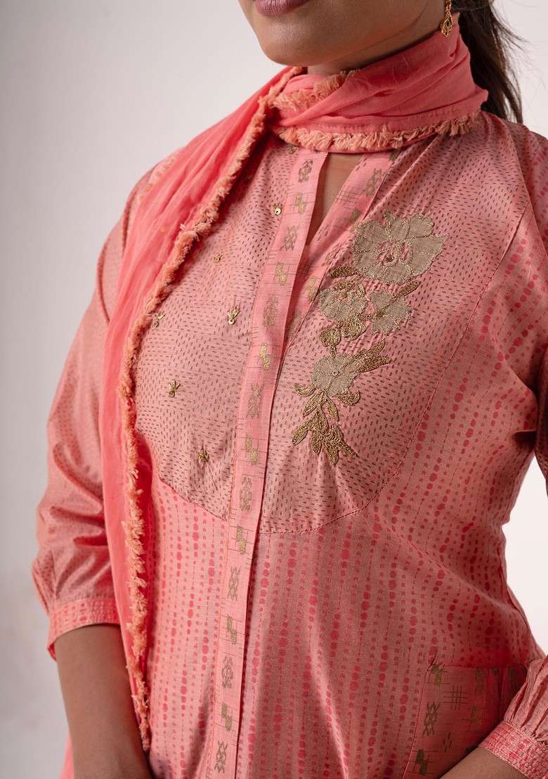 Pink Embroidered Art Silk Kurta Set - Indya