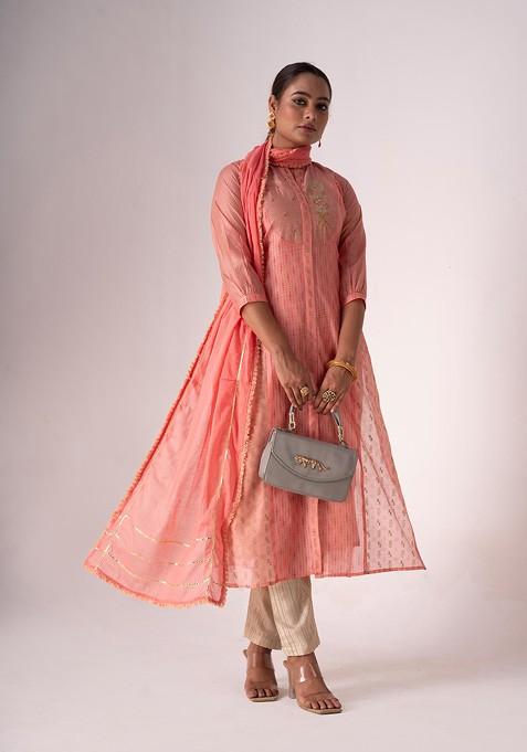 Pink Embroidered Art Silk Kurta Set