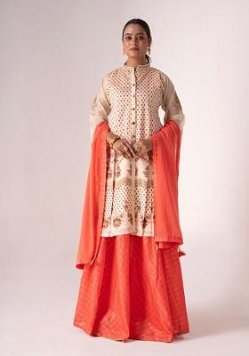 Cream Embroidered Art Silk Kurta Set