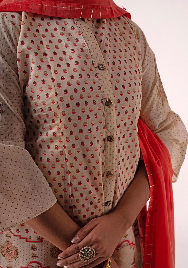 Cream Embroidered Art Silk Kurta Set