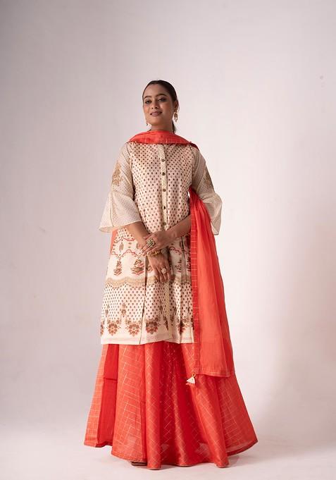 Cream Embroidered Art Silk Kurta Set