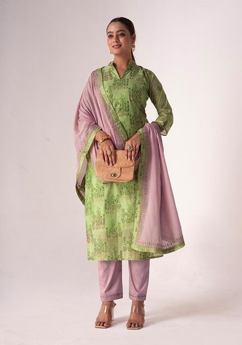 Green Embroidered Art Silk Kurta Set