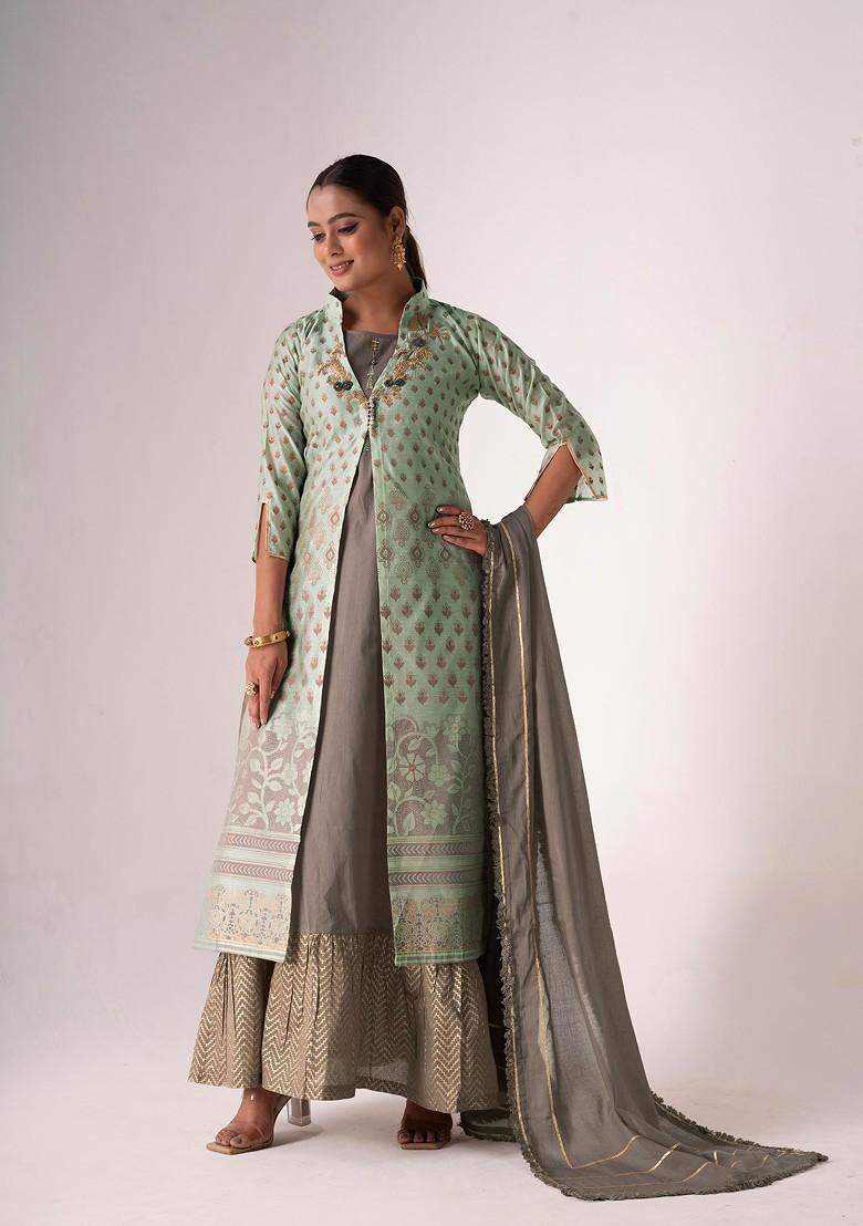 Blue Embroidered Art Silk Kurta Set - Indya