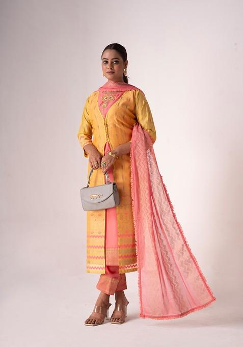 Mustard Embroidered Art Silk Kurta Set