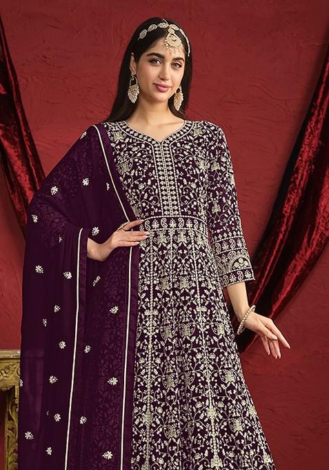 Purple Embroidered Georgette Anarkali Gown Set