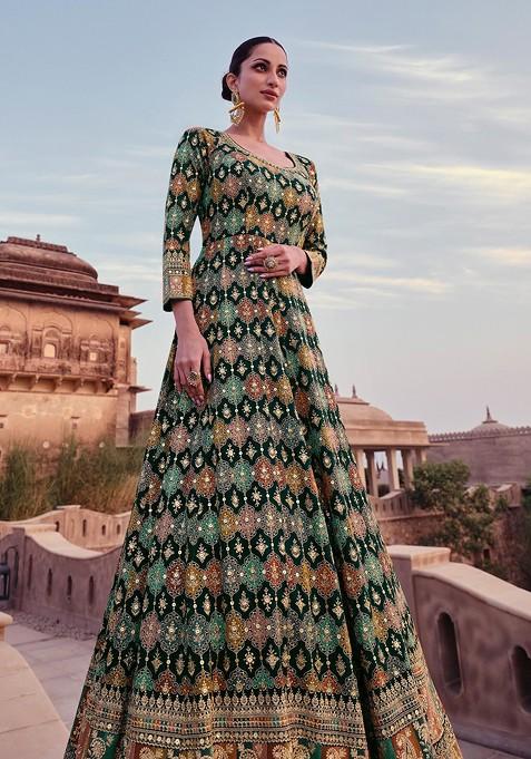 Green Embroidered Georgette Anarkali Gown Set