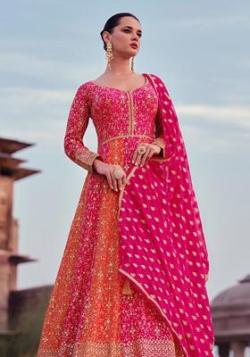 Pink Embroidered Georgette Anarkali Gown Set