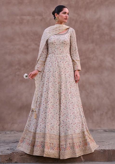 Off White Embroidered Georgette Anarkali Gown Set