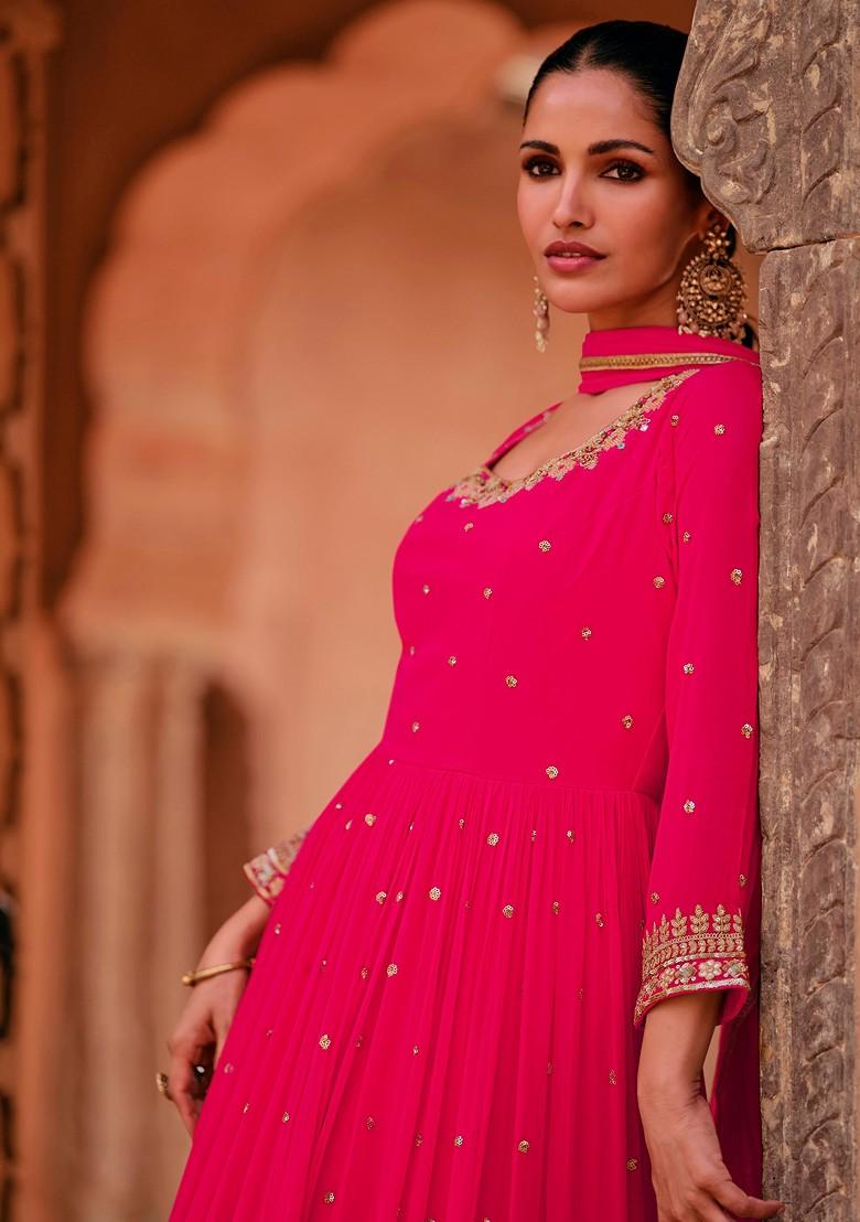 Pink Embroidered Georgette Anarkali Gown Set