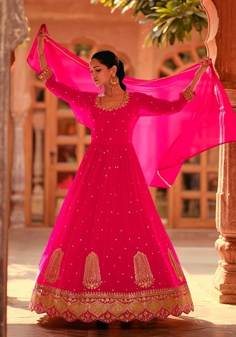 Pink Embroidered Georgette Anarkali Gown Set