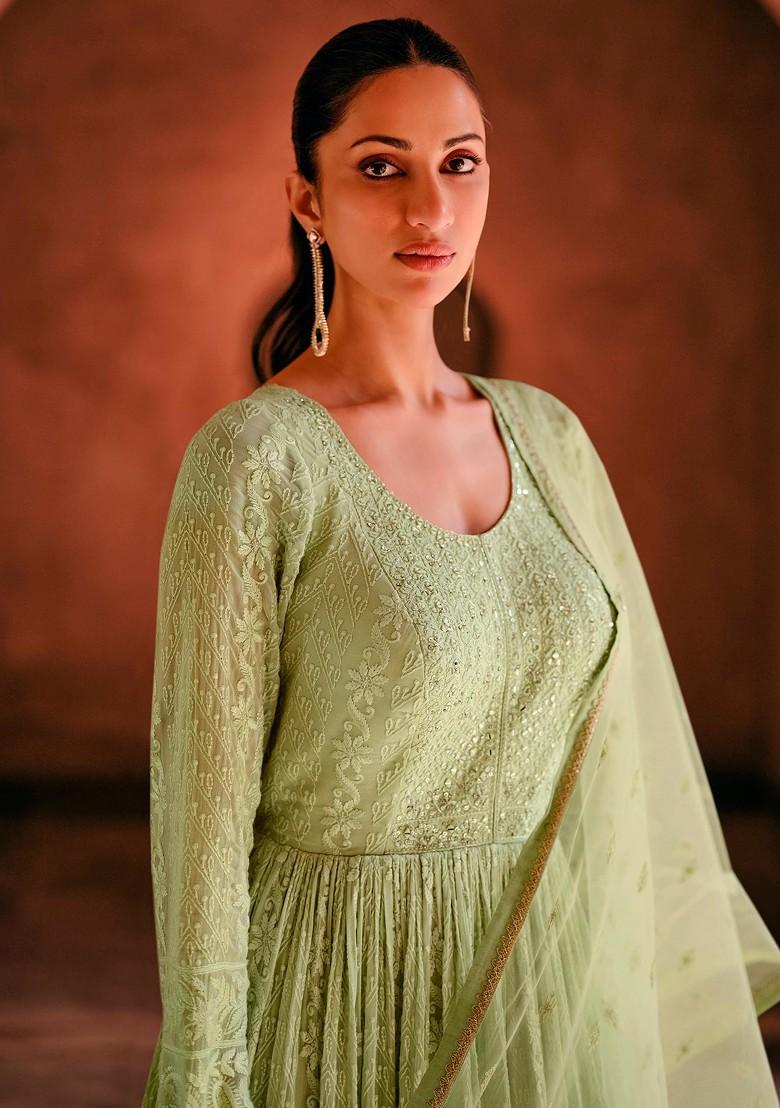 Green Embroidered Georgette Anarkali Gown Set