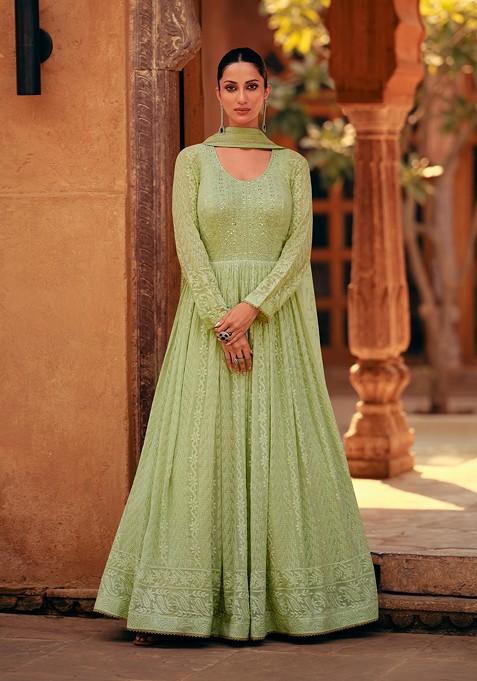 Green Embroidered Georgette Anarkali Gown Set