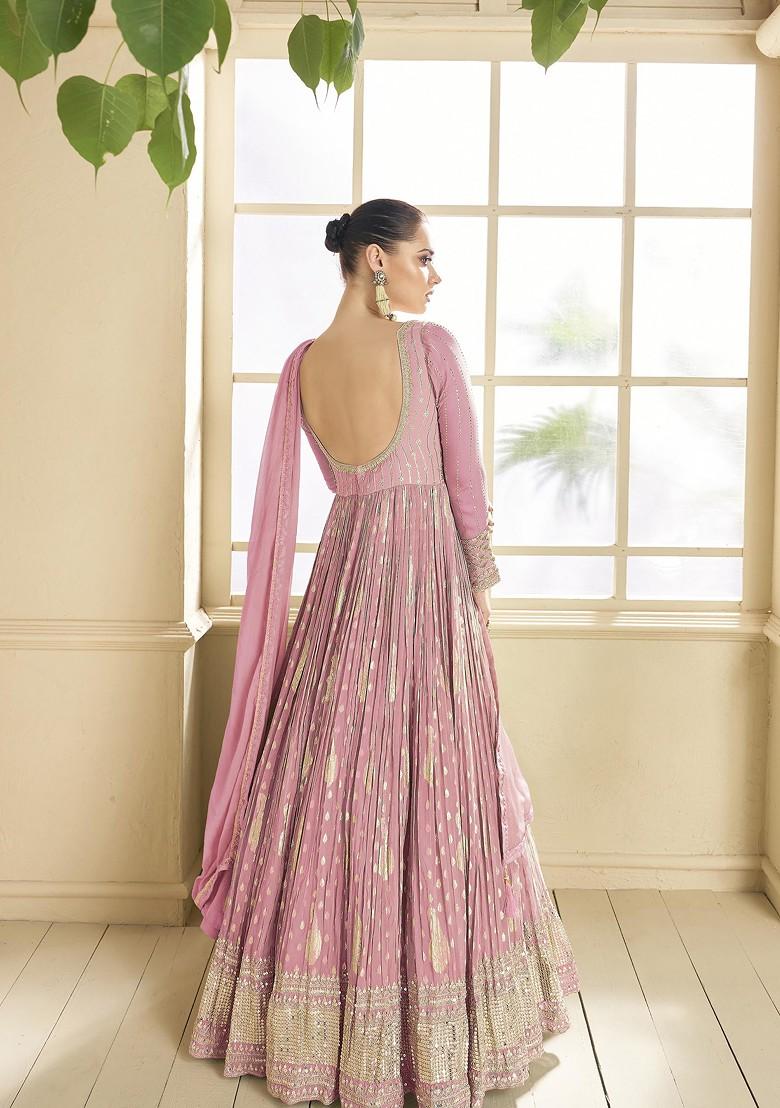Pink Embroidered Georgette Anarkali Gown Set