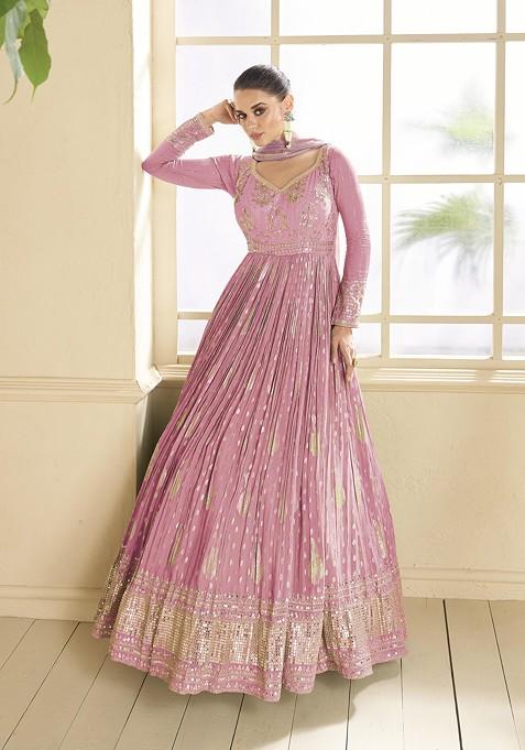 Pink Embroidered Georgette Anarkali Gown Set