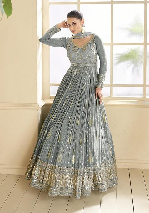 Grey Embroidered Georgette Anarkali Gown Set