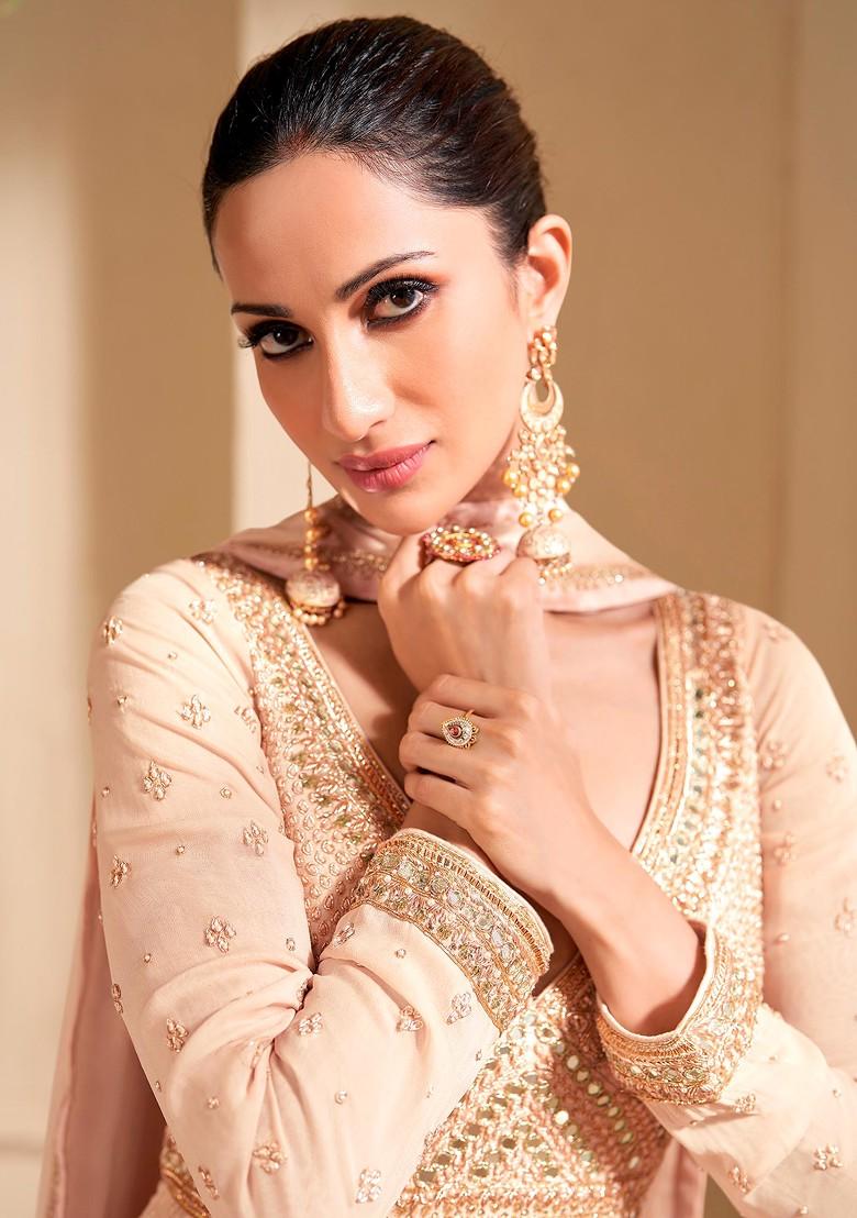 Peach Embroidered Georgette Anarkali Gown Set