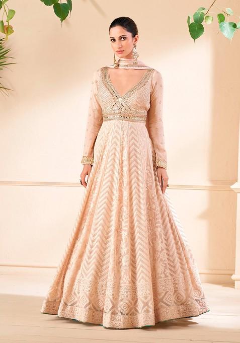 Peach Embroidered Georgette Anarkali Gown Set