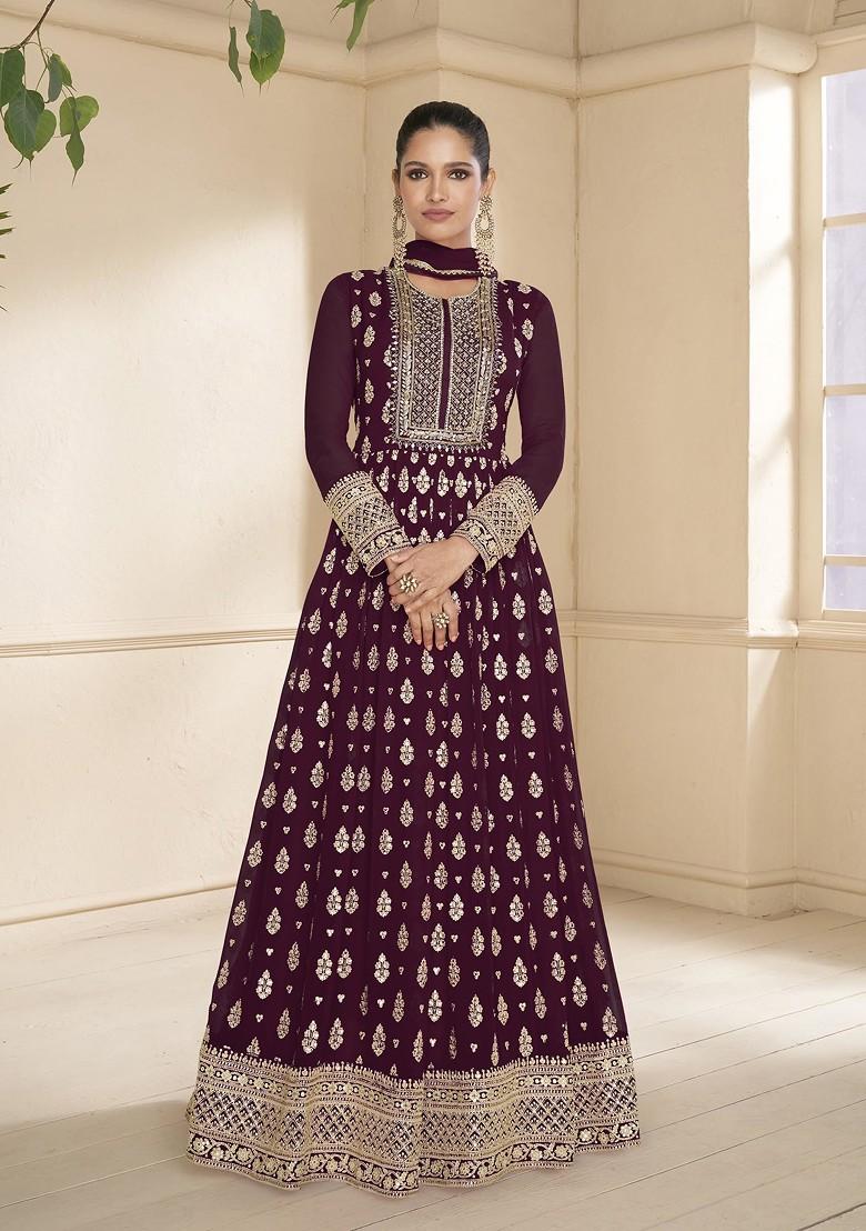 Wine Embroidered Georgette Anarkali Gown Set