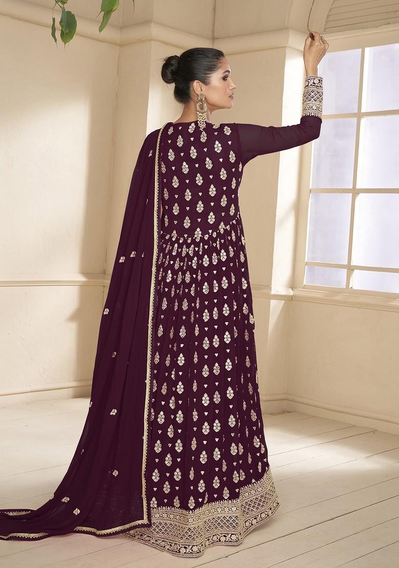 Wine Embroidered Georgette Anarkali Gown Set