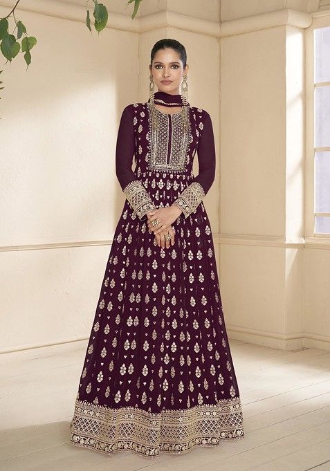 Wine Embroidered Georgette Anarkali Gown Set