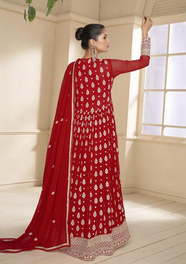 Red Embroidered Georgette Anarkali Gown Set
