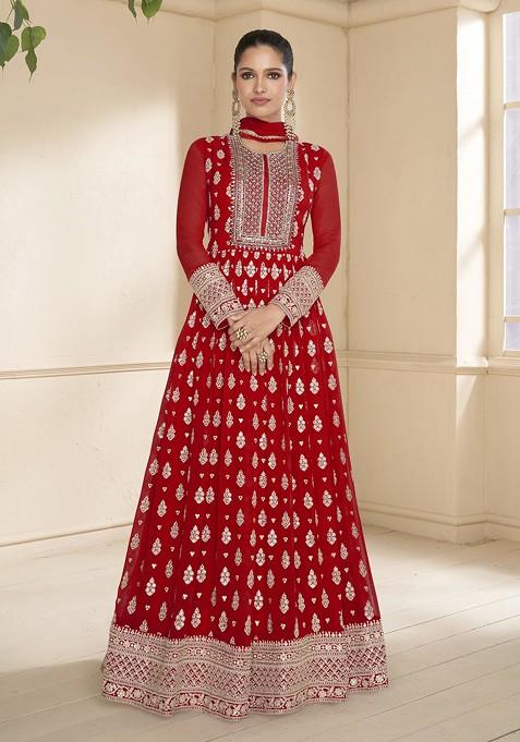 Red Embroidered Georgette Anarkali Gown Set