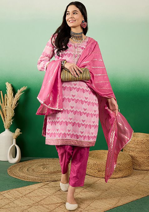 Pink Hand Embroidered Modal Silk Kurta Set