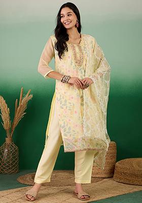 Yellow Hand Embroidered Organza Kurta Set