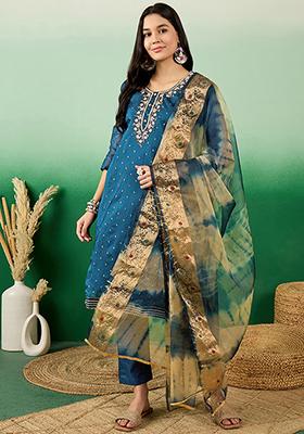 Blue Hand Embroidered Modal Silk Kurta Set