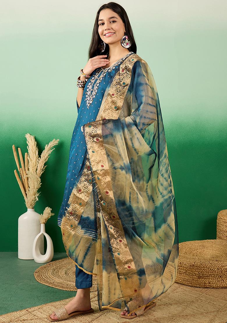 Blue Hand Embroidered Modal Silk Kurta Set