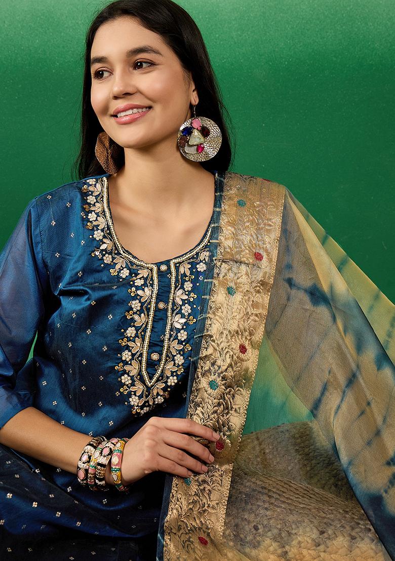 Blue Hand Embroidered Modal Silk Kurta Set