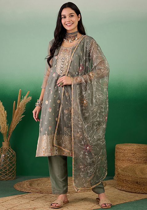 Green Hand Embroidered Organza Kurta Set