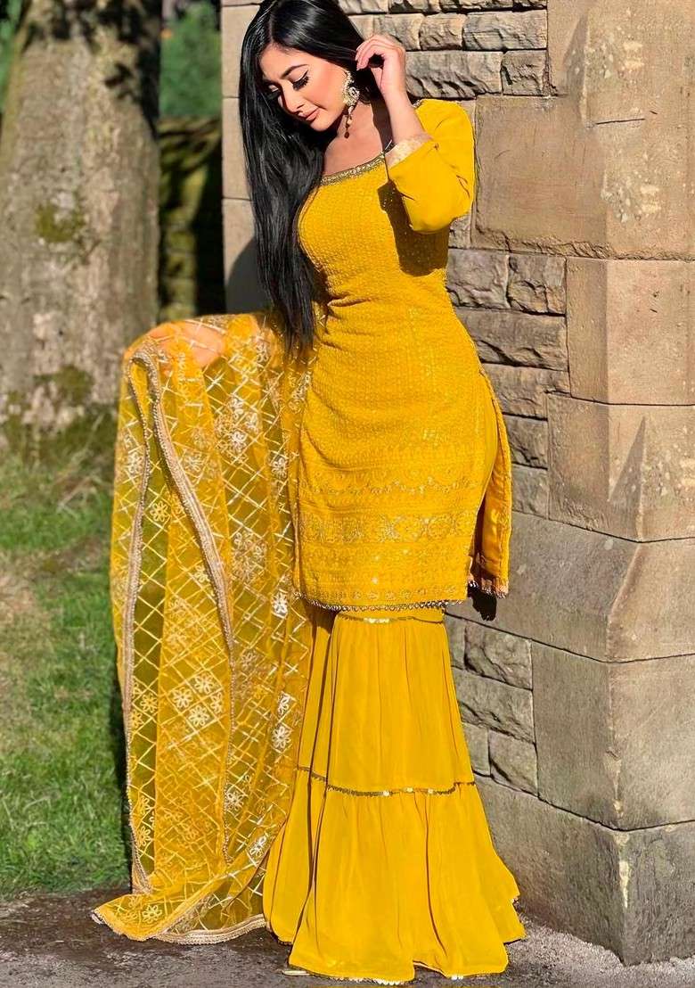 Yellow Embroidered Faux Georgette Kurta Set - Indya