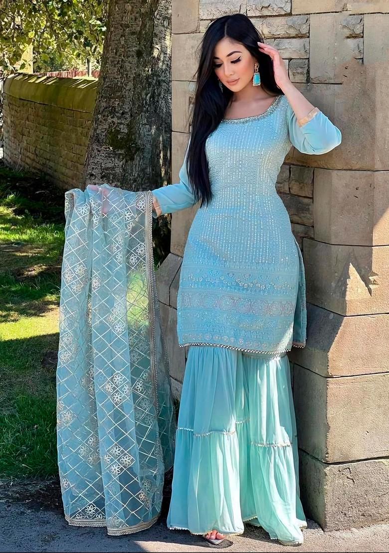 Sky Blue Embroidered Faux Georgette Kurta Set - Indya
