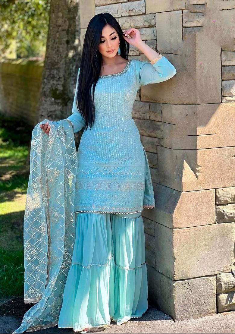 Sky Blue Embroidered Faux Georgette Kurta Set - Indya
