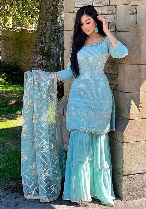 Sky Blue Embroidered Faux Georgette Kurta Set