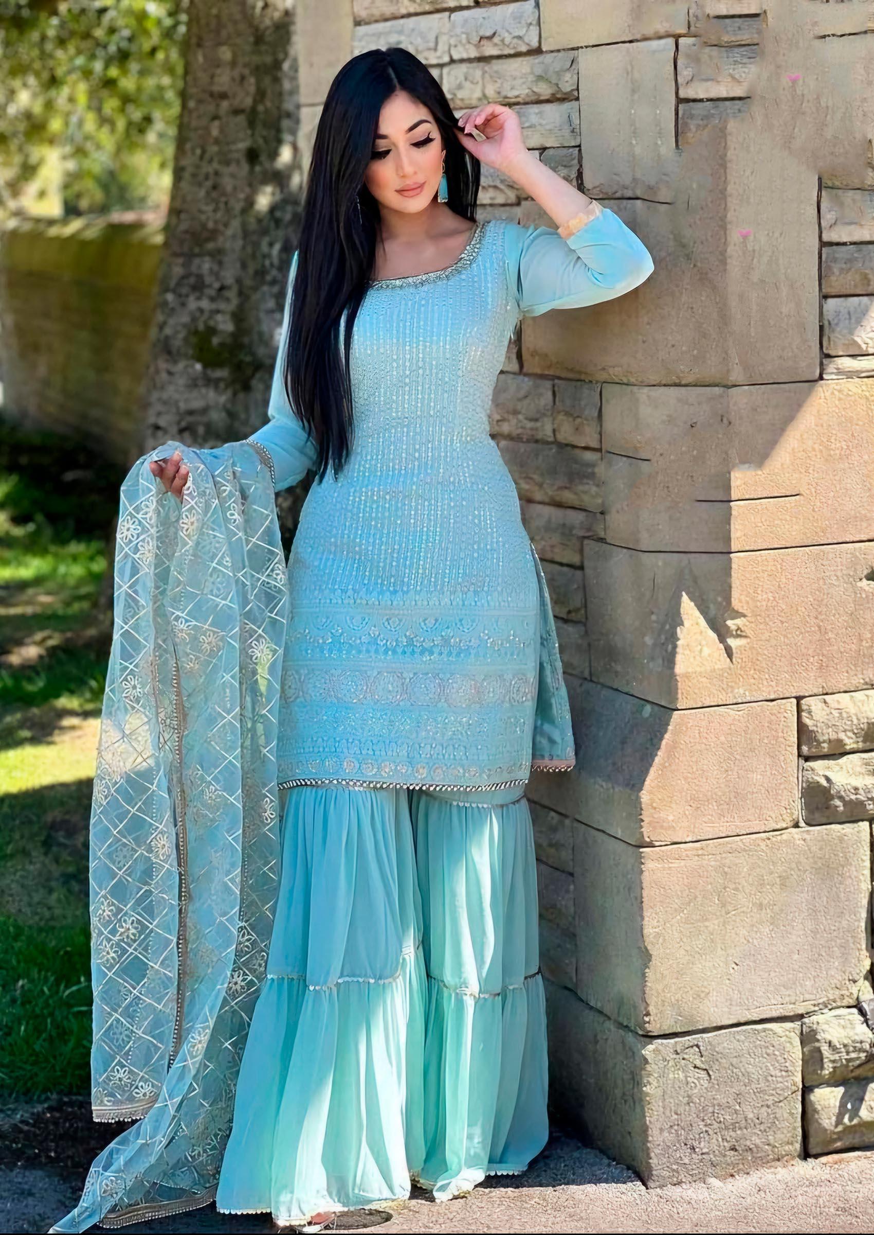 Sky Blue Embroidered Faux Georgette Kurta Set - Indya