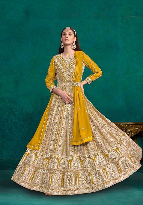 Yellow Embroidered Faux Georgette Anarkali Gown Set