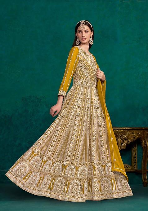 Yellow Embroidered Faux Georgette Anarkali Gown Set
