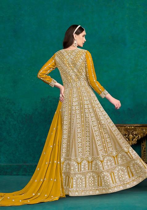 Yellow Embroidered Faux Georgette Anarkali Gown Set