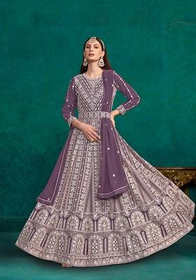 Purple Embroidered Faux Georgette Anarkali Gown Set