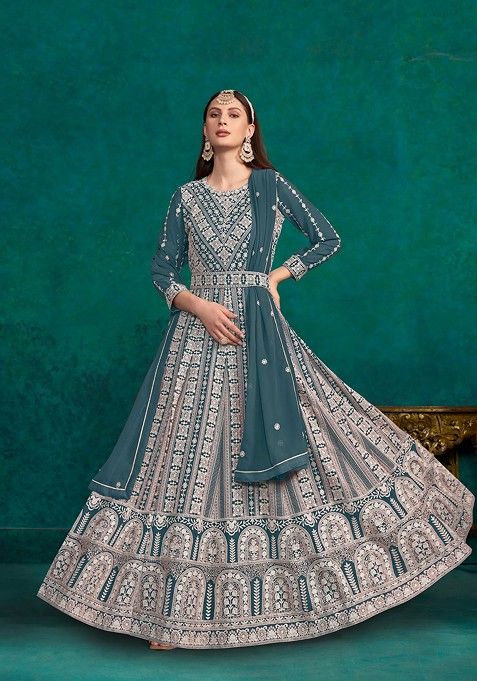 Blue Embroidered Faux Georgette Anarkali Gown Set