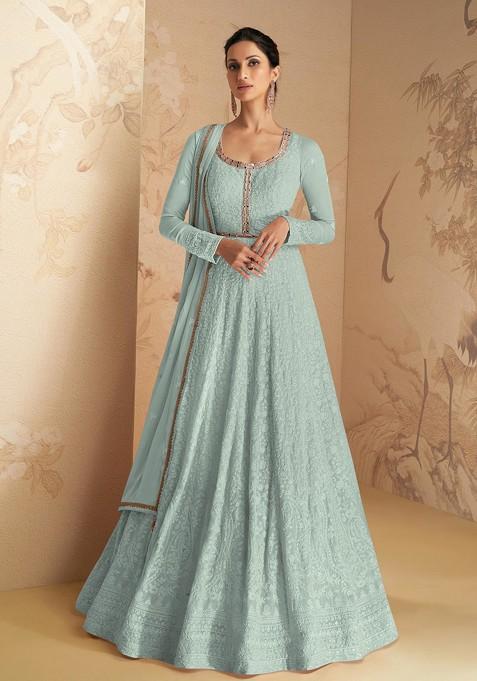 Sky Blue Embroidered Faux Georgette Anarkali Gown Set