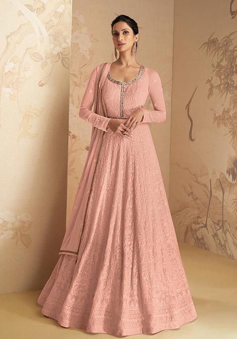 Peach Embroidered Faux Georgette Anarkali Gown Set