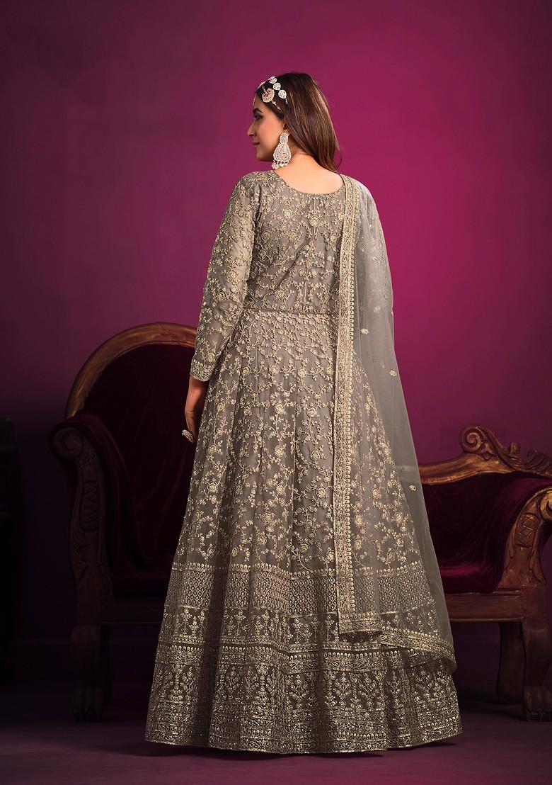 Grey Embroidered Net Anarkali Gown Set