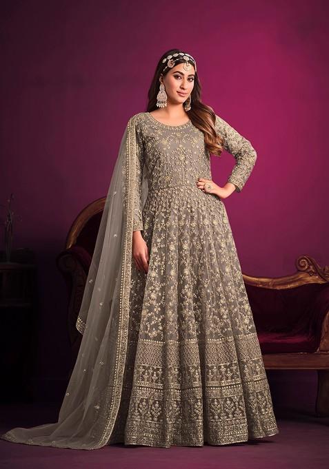 Grey Embroidered Net Anarkali Gown Set