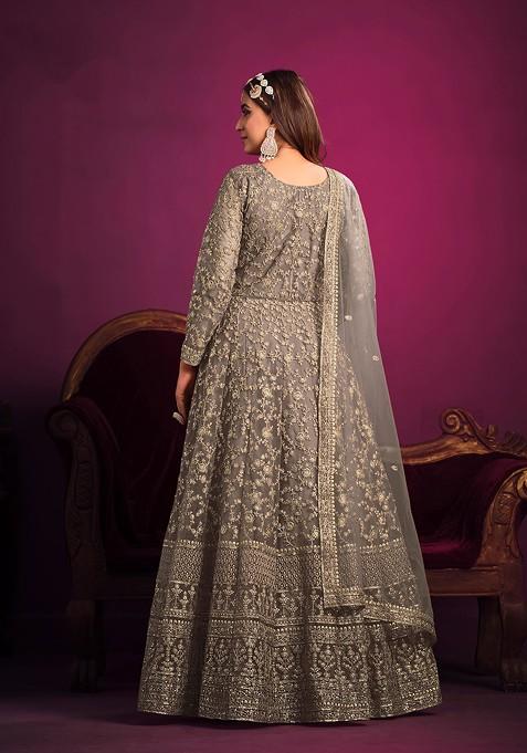 Grey Embroidered Net Anarkali Gown Set